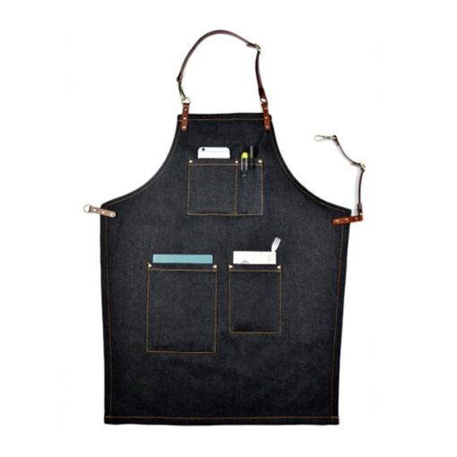 Tablier en denim noir avec bretelles en cuir