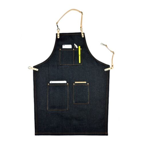 Tablier en denim noir avec bretelles en cuir