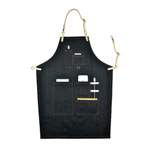 Tablier en denim noir avec sangle en cuir pour les vêtements de travail des fleuristes