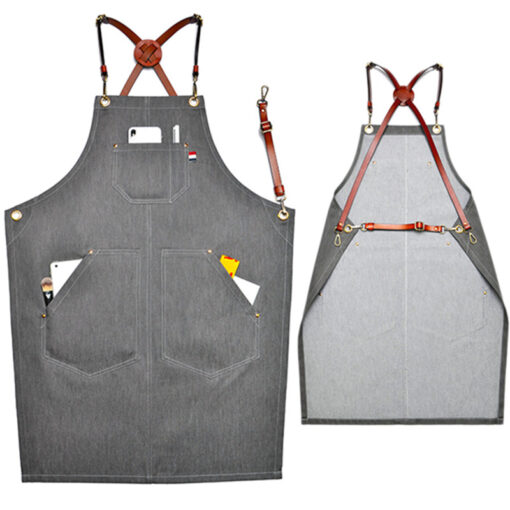 Gray Denim Apron Cross Back Leather Strap