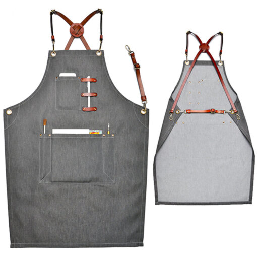 Gray Denim Apron Cross Back Leather Strap