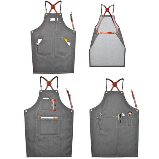 Gray Denim Apron Cross Back Leather Strap