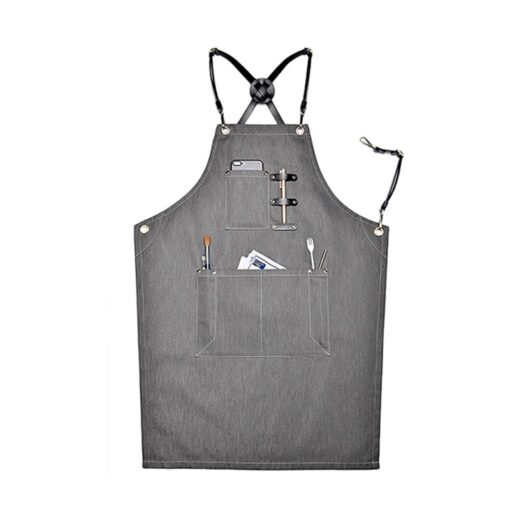 Gray Denim Apron Cross Back Leather Strap