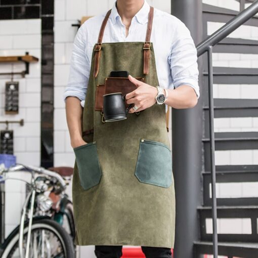 Gray Blue Canvas Apron Leather Cotton Strap