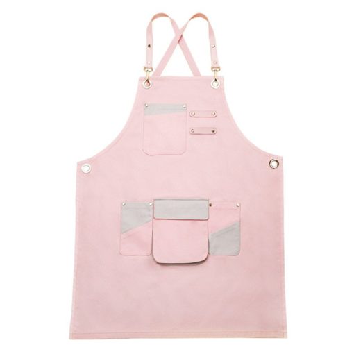 Tablier en coton gris et rose avec des bretelles croisées