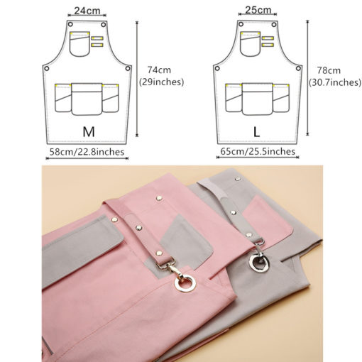 Tablier en coton gris et rose avec des bretelles croisées