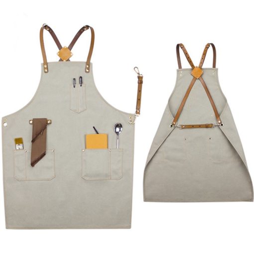 Tablier en toile grise avec bretelles croisées en cuir de vachette