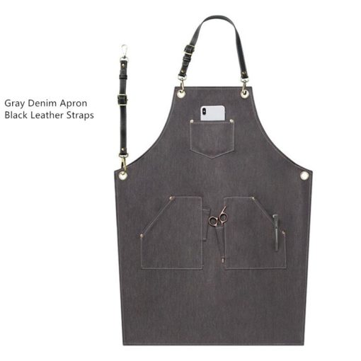 Tablier de bavoir en denim Noir leBu et Gris avec des sangles en cuir