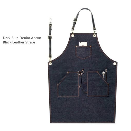 Tablier de bavoir en denim Noir leBu et Gris avec des sangles en cuir