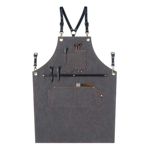 Grijs Blauw Canvas Schort met Kruislings Leren Banden