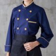 Veste de chef bleue à manches longues en polyester coton