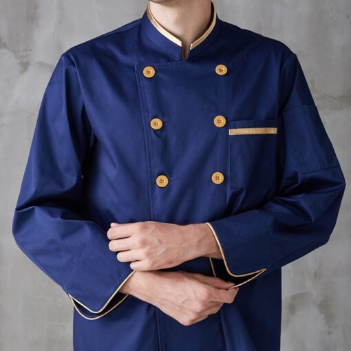 Veste de chef bleue à manches longues en polyester coton