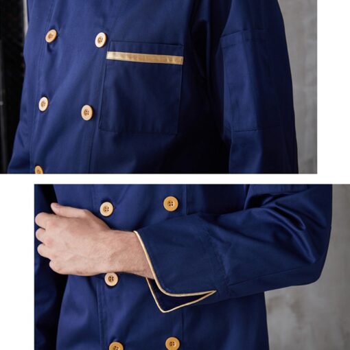 Veste de chef bleue à manches longues en polyester coton