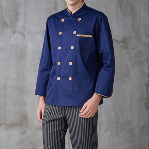 Veste de chef bleue à manches longues en polyester coton