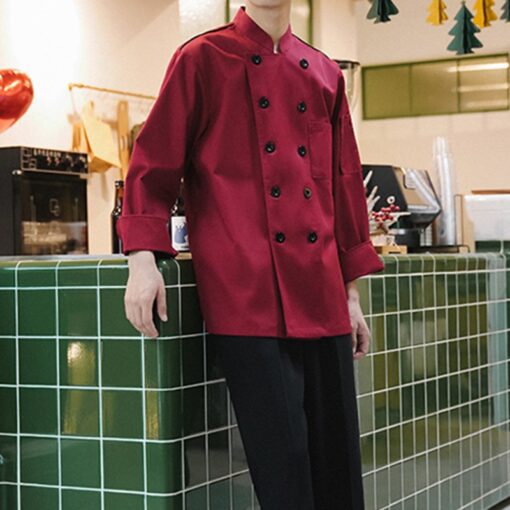 Veste de chef rouge à manches longues en polyester coton