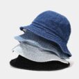 Blauwe denim bucket hoed zwarte ronde zonnehoed