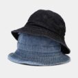 Blauwe denim bucket hoed zwarte ronde zonnehoed