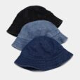 Blauwe denim bucket hoed zwarte ronde zonnehoed
