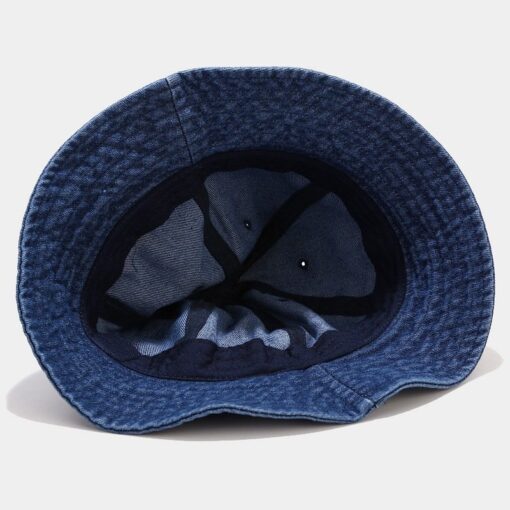 Blauwe denim bucket hoed zwarte ronde zonnehoed