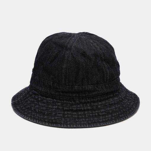 Blauwe denim bucket hoed zwarte ronde zonnehoed