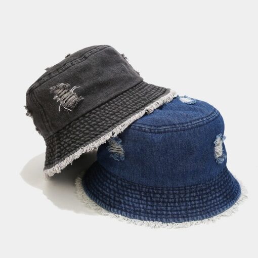 Blauwe denim bucketpet Zwarte zonnehoed