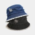 Casquette seau en denim bleu Chapeau de soleil noir