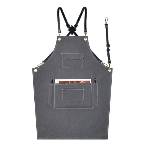 Tablier en denim gris avec bretelles croisées en cuir