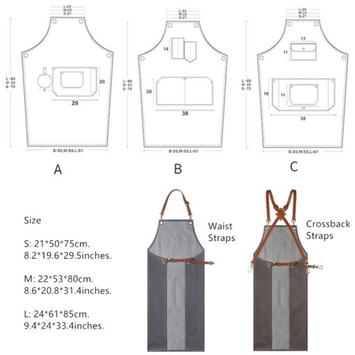 Tablier en denim gris avec bretelles croisées en cuir