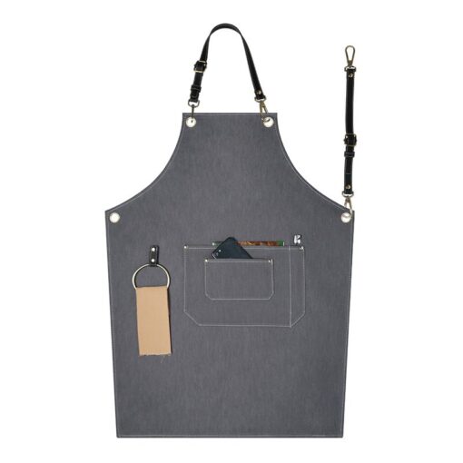 Tablier en denim gris avec bretelles croisées en cuir