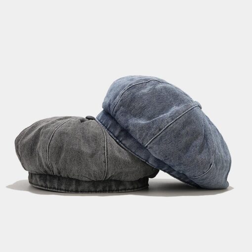 Blue Denim Beret Black Sun Hat Round Cap