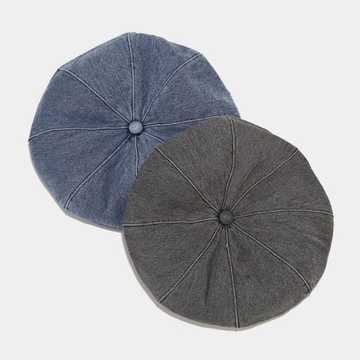 Blue Denim Beret Black Sun Hat Round Cap