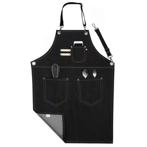 Tablier en denim noir pour tenue de travail de barbier et fleuriste