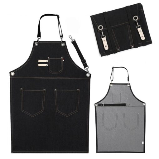 Tablier en denim noir pour tenue de travail de barbier et fleuriste