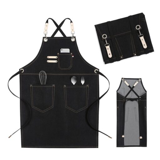 Tablier en denim noir pour tenue de travail de barbier et fleuriste