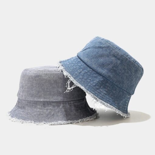 Blauwe denim emmerhoed grijze ronde pet